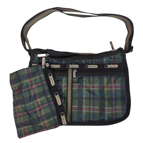 Lesportsac Handbags - LeSportsac Deluxe Everyday Bag Expandable Green Plaid Pouch
